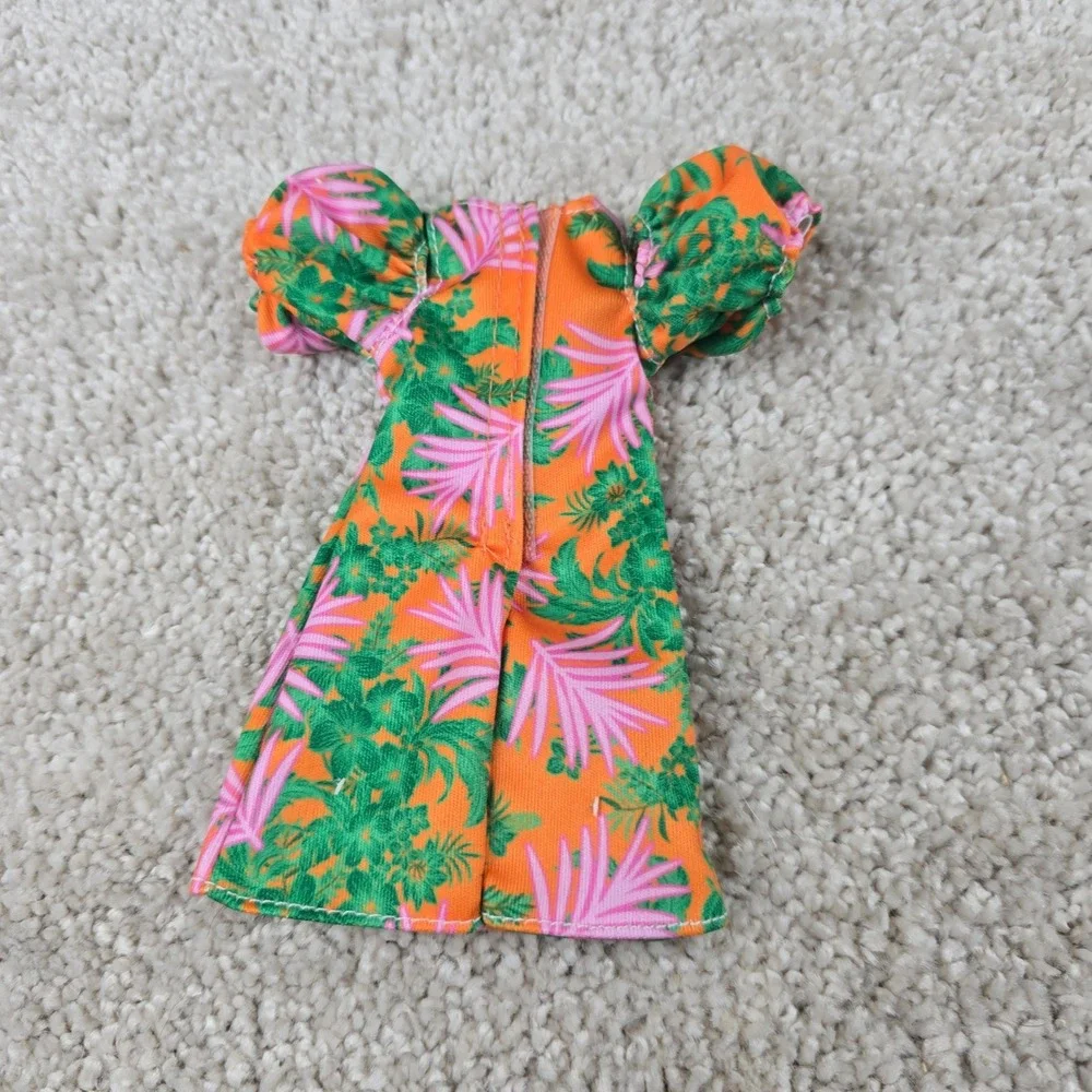 Barbie Doll Dress Orange Tropical Floral Pink Palm Leaf Puff Sleeve Shoulder